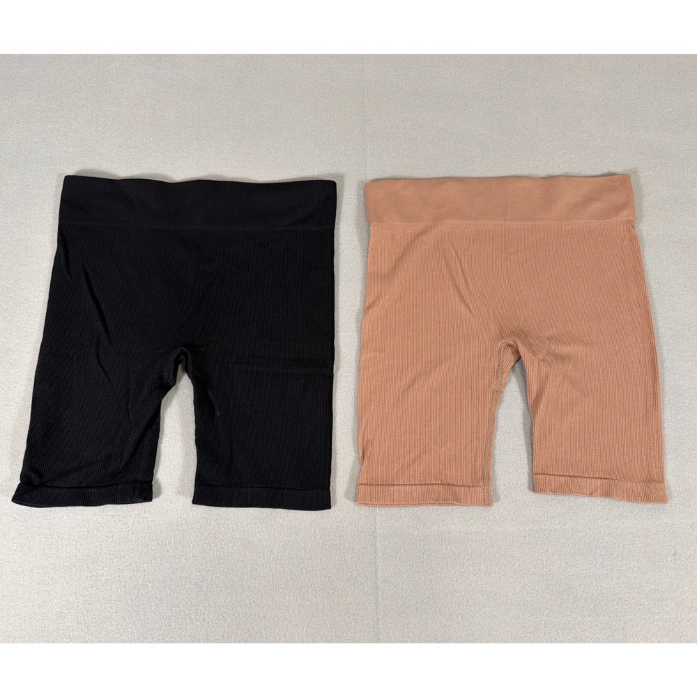 Womens Ribbed Seamless Biker Shorts Bundle Black Tan XL High Waist 2 Pack